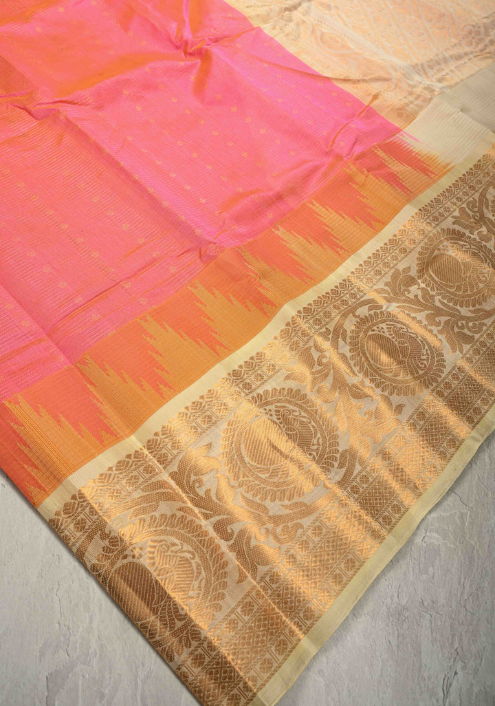 Pink Dual tone Vairaoosi Zari Stripes on Kanchi Silk Cotton Handloom Saree with Zari Buttis and Contrast Zari Border | SHOBITAM