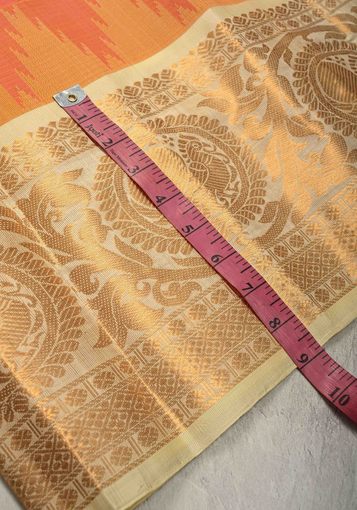 Pink Dual tone Vairaoosi Zari Stripes on Kanchi Silk Cotton Handloom Saree with Zari Buttis and Contrast Zari Border | SHOBITAM