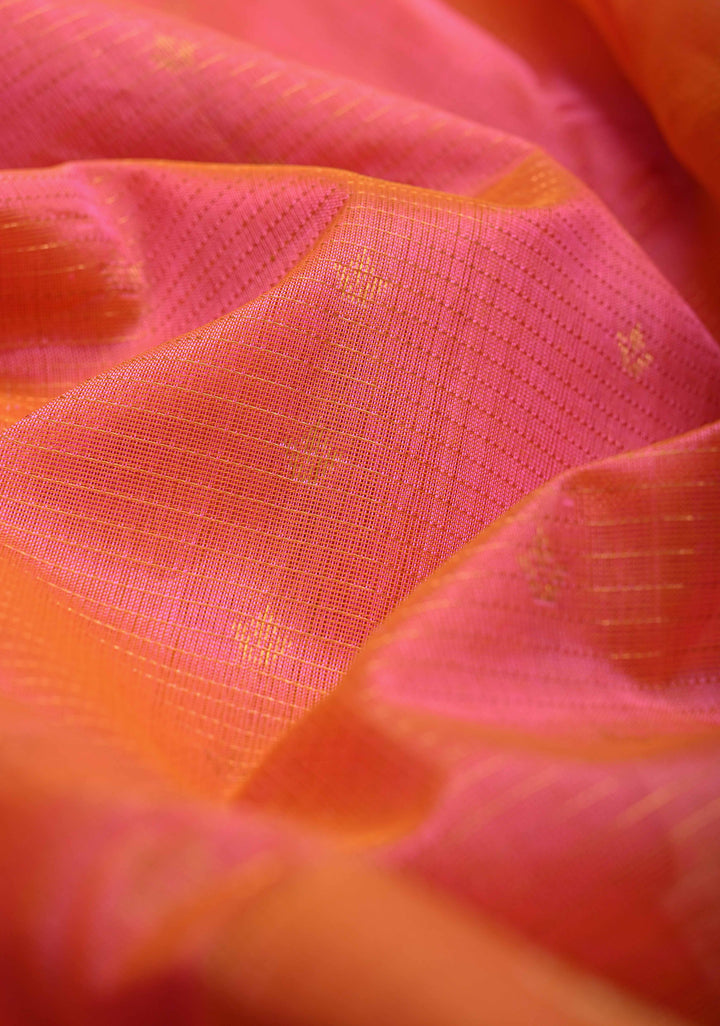 Pink Dual tone Vairaoosi Zari Stripes on Kanchi Silk Cotton Handloom Saree with Zari Buttis and Contrast Zari Border | SHOBITAM
