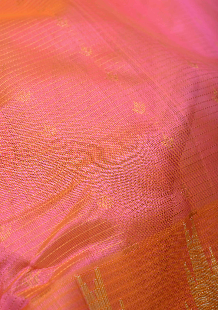 Pink Dual tone Vairaoosi Zari Stripes on Kanchi Silk Cotton Handloom Saree with Zari Buttis and Contrast Zari Border | SHOBITAM