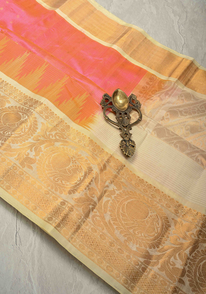 Pink Dual tone Vairaoosi Zari Stripes on Kanchi Silk Cotton Handloom Saree with Zari Buttis and Contrast Zari Border | SHOBITAM
