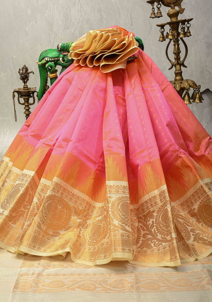 Pink Dual tone Vairaoosi Zari Stripes on Kanchi Silk Cotton Handloom Saree with Zari Buttis and Contrast Zari Border | SHOBITAM