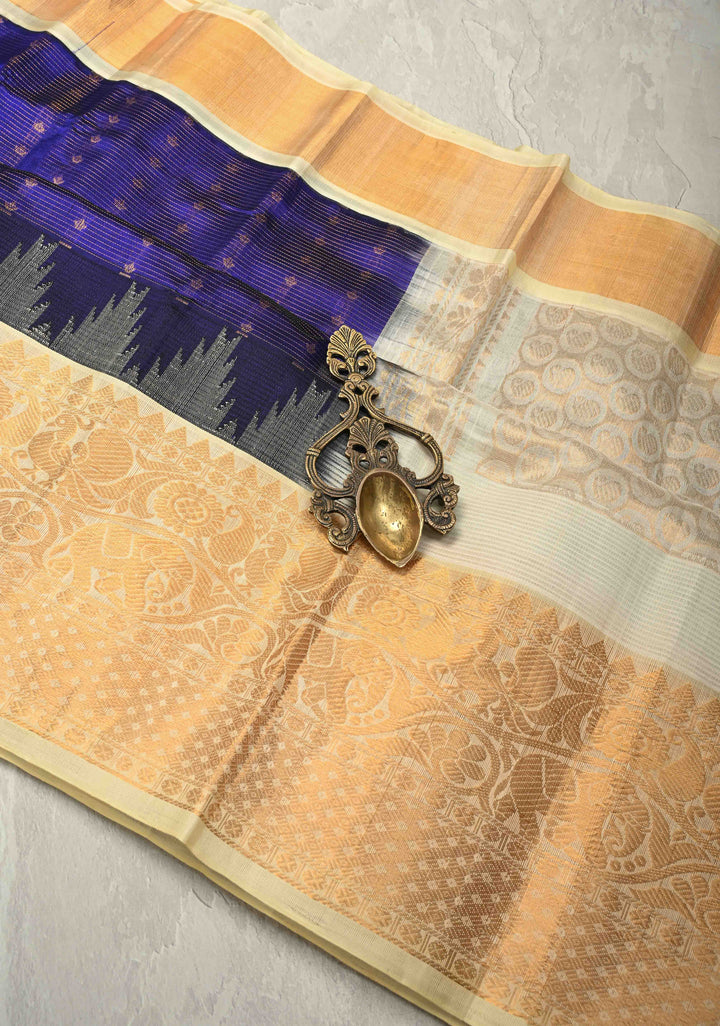 Royal Blue Vairaoosi Zari Stripes on Kanchi Silk Cotton Handloom Saree with Zari Buttis and Skirt Contrast Temple Zari Border | SHOBITAM