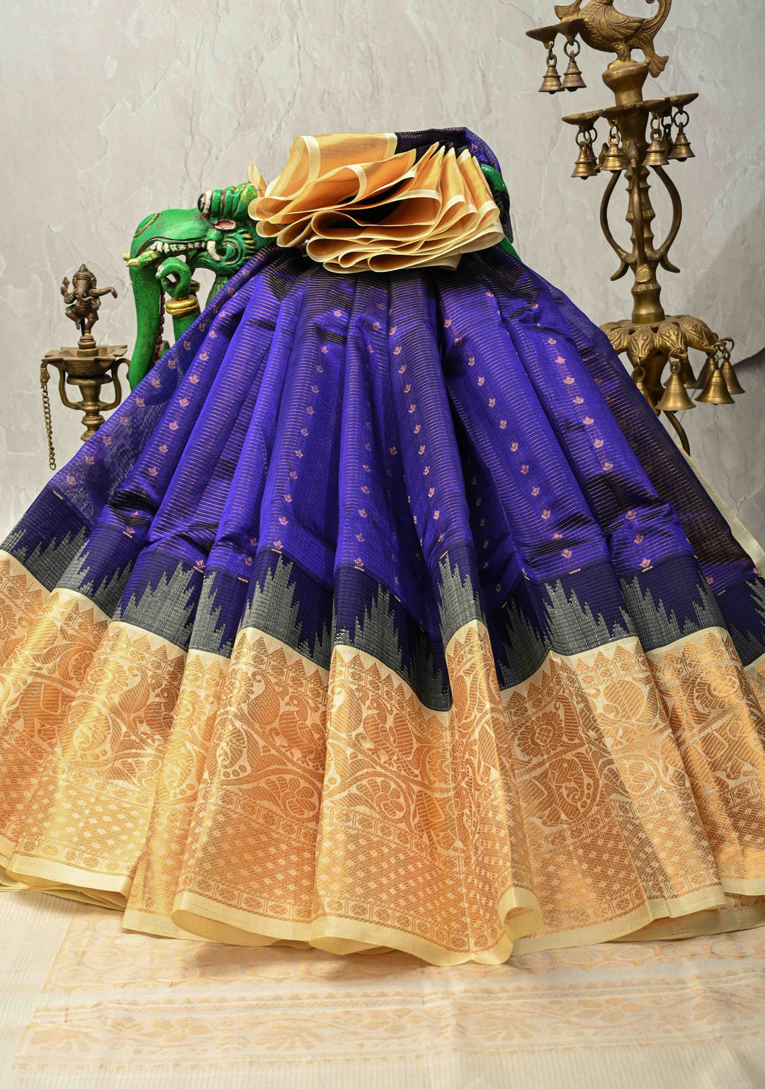 Royal Blue Vairaoosi Zari Stripes on Kanchi Silk Cotton Handloom Saree with Zari Buttis and Skirt Contrast Temple Zari Border | SHOBITAM