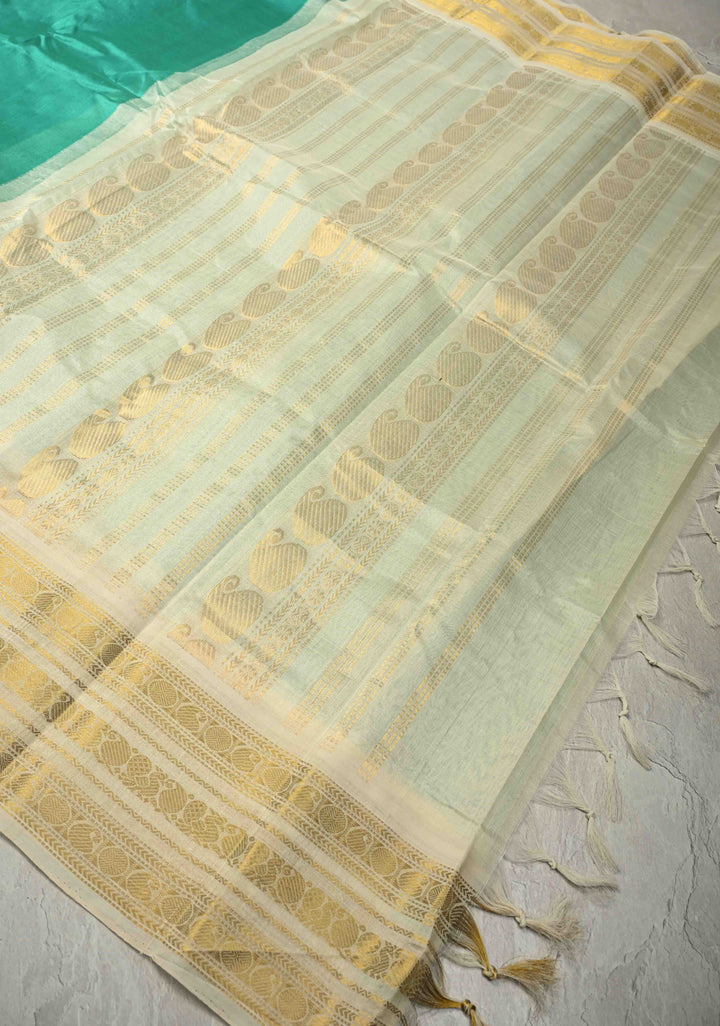Rama Green Korvai Kanchi Silk Cotton 100% Handloom Saree with Contrast Zari Border | SHOBITAM