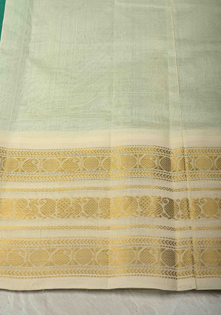 Rama Green Korvai Kanchi Silk Cotton 100% Handloom Saree with Contrast Zari Border | SHOBITAM