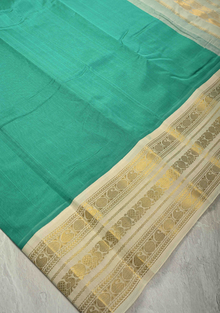 Rama Green Korvai Kanchi Silk Cotton 100% Handloom Saree with Contrast Zari Border | SHOBITAM