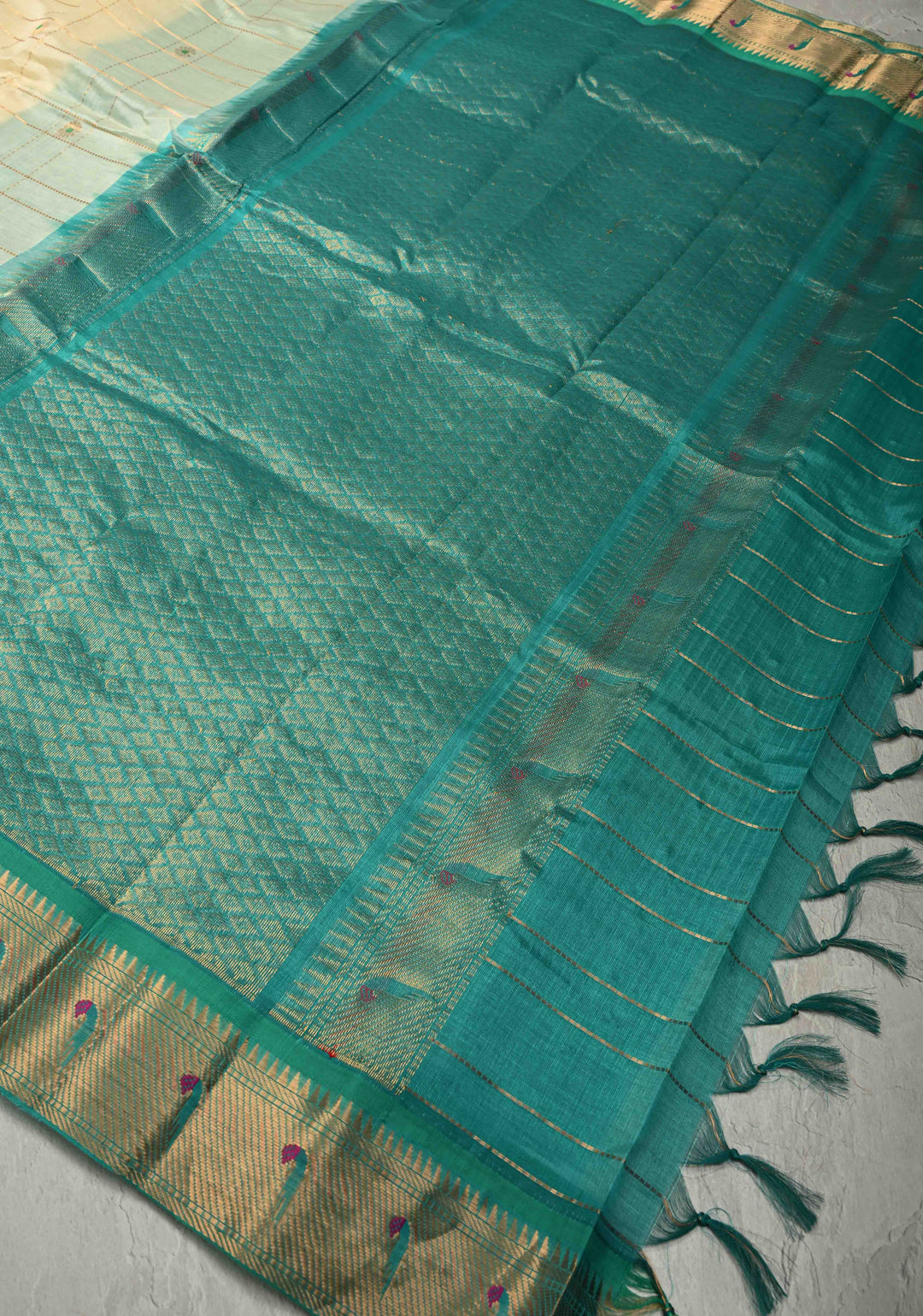 Off White Zari Checks on Kanchi Silk Cotton Handloom Saree with Meenakari Floral Buttas and Paithani Inspired Single Muniya Motifs on Contrast Zari Border | SHOBITAM