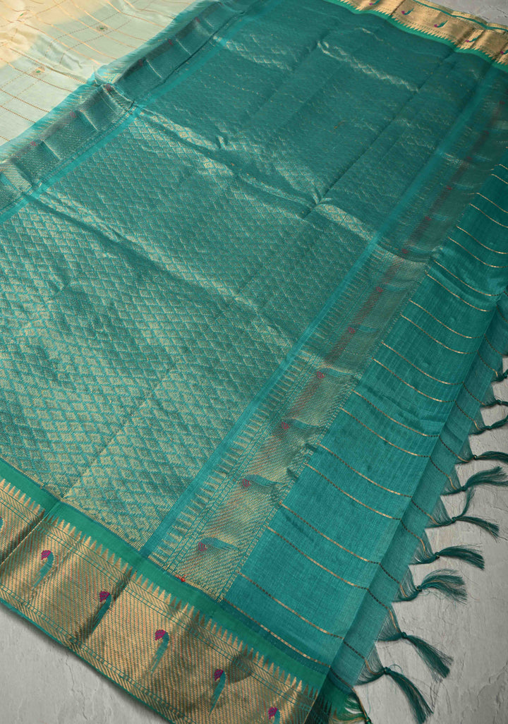 Off White Zari Checks on Kanchi Silk Cotton Handloom Saree with Meenakari Floral Buttas and Paithani Inspired Single Muniya Motifs on Contrast Zari Border | SHOBITAM