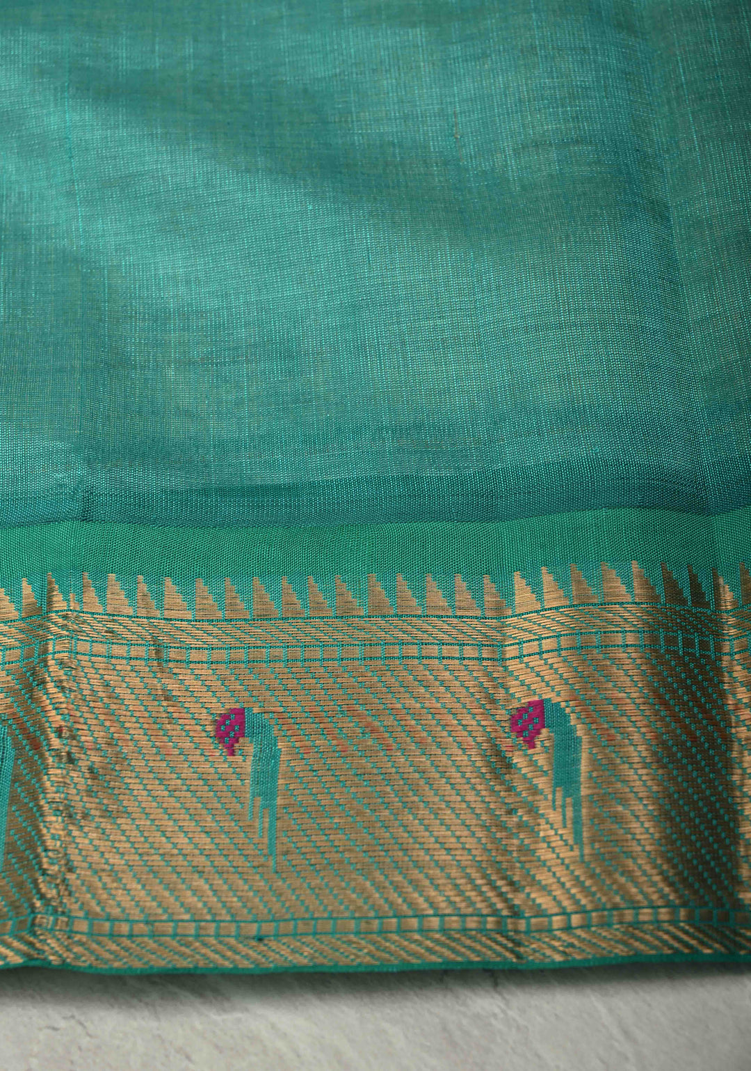 Off White Zari Checks on Kanchi Silk Cotton Handloom Saree with Meenakari Floral Buttas and Paithani Inspired Single Muniya Motifs on Contrast Zari Border | SHOBITAM