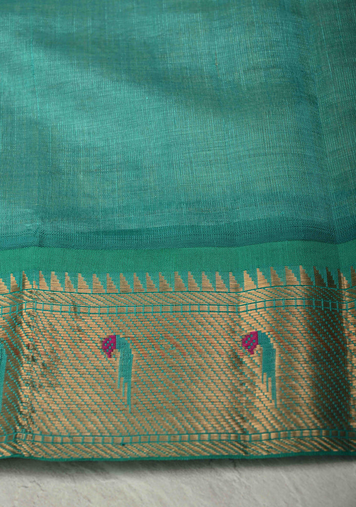 Off White Zari Checks on Kanchi Silk Cotton Handloom Saree with Meenakari Floral Buttas and Paithani Inspired Single Muniya Motifs on Contrast Zari Border | SHOBITAM