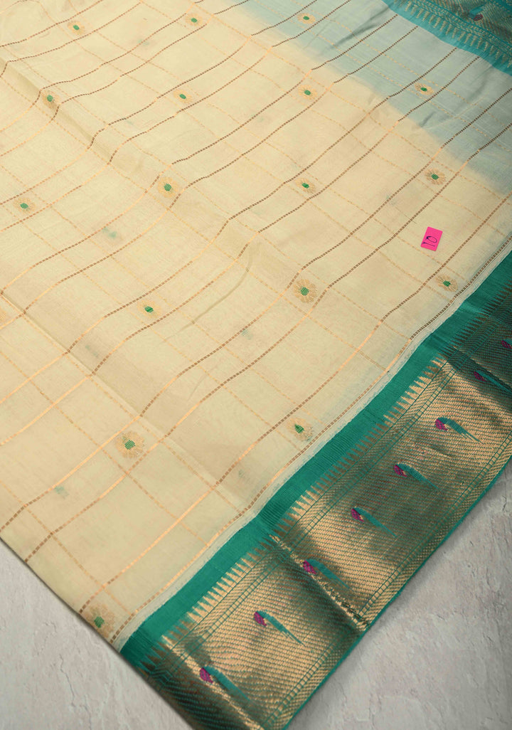 Off White Zari Checks on Kanchi Silk Cotton Handloom Saree with Meenakari Floral Buttas and Paithani Inspired Single Muniya Motifs on Contrast Zari Border | SHOBITAM