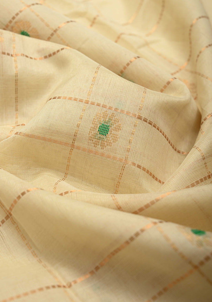 Off White Zari Checks on Kanchi Silk Cotton Handloom Saree with Meenakari Floral Buttas and Paithani Inspired Single Muniya Motifs on Contrast Zari Border | SHOBITAM
