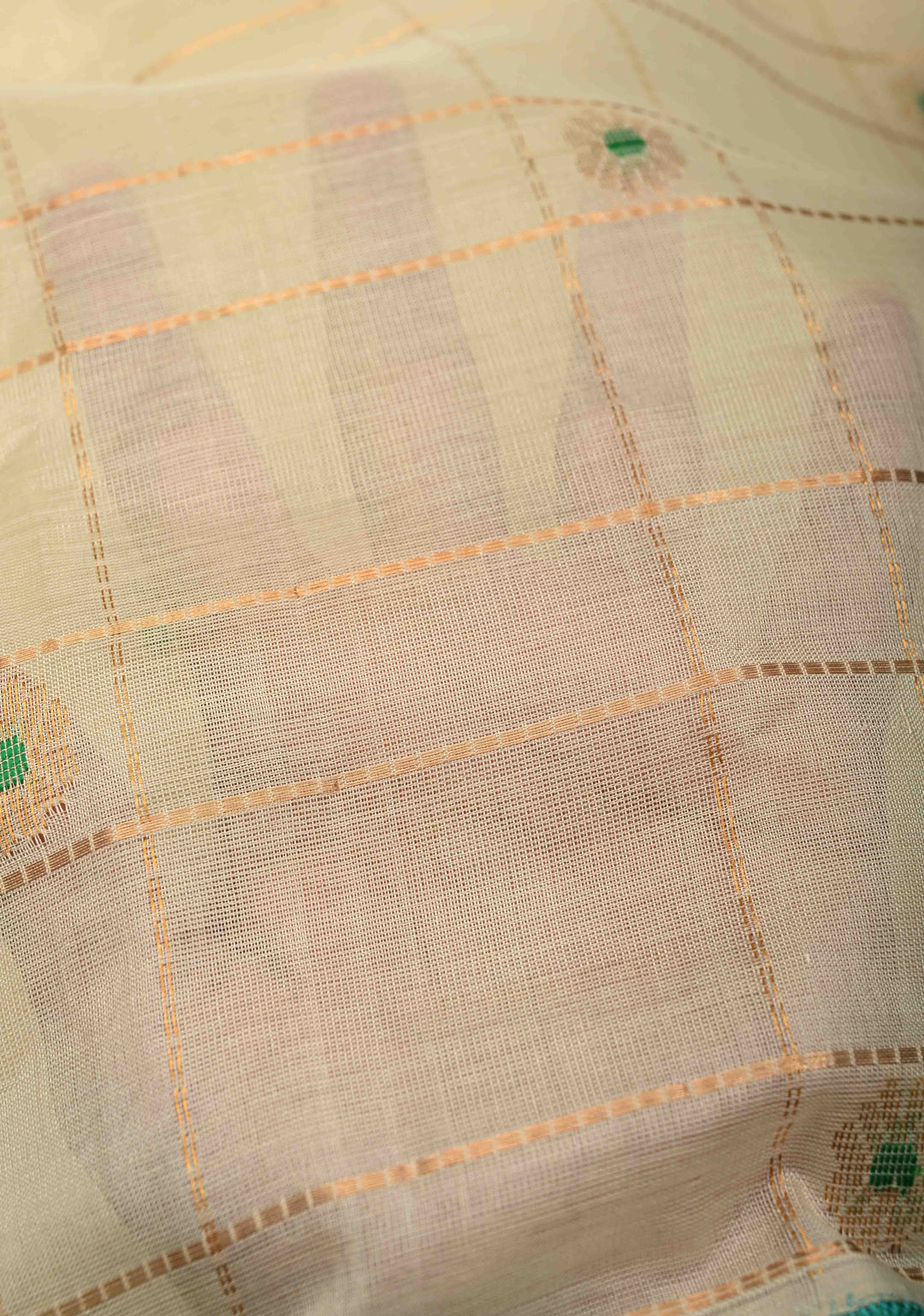 Off White Zari Checks on Kanchi Silk Cotton Handloom Saree with Meenakari Floral Buttas and Paithani Inspired Single Muniya Motifs on Contrast Zari Border | SHOBITAM
