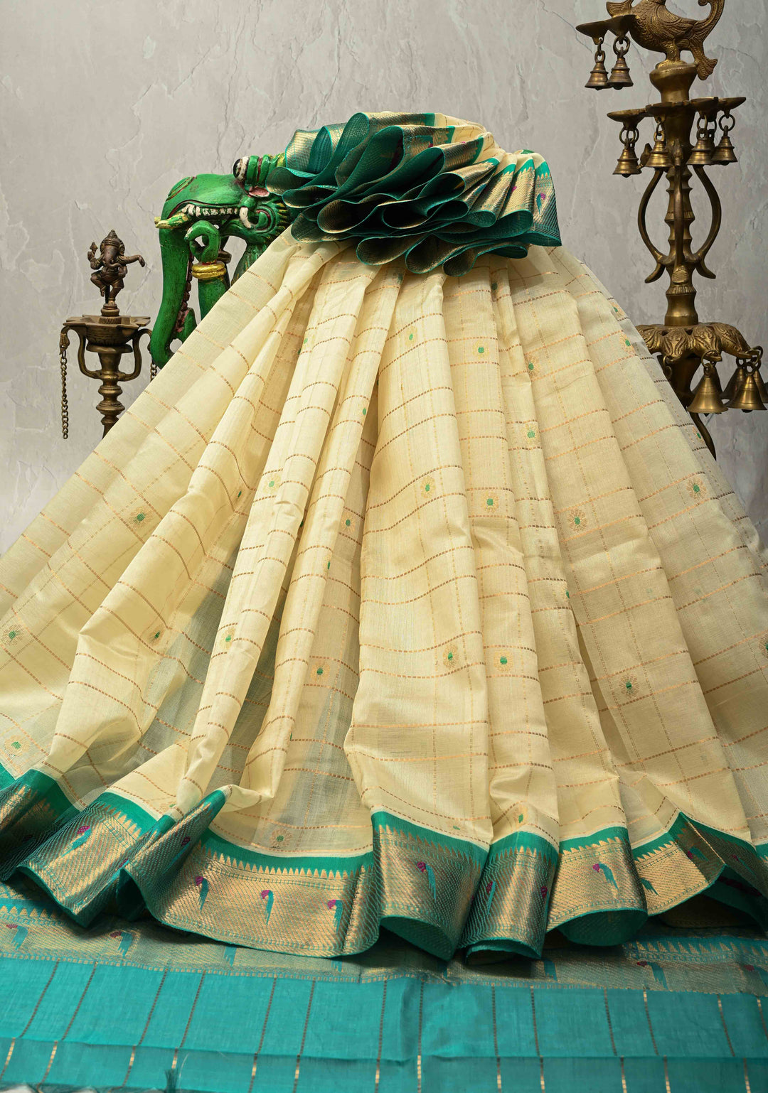 Off White Zari Checks on Kanchi Silk Cotton Handloom Saree with Meenakari Floral Buttas and Paithani Inspired Single Muniya Motifs on Contrast Zari Border | SHOBITAM
