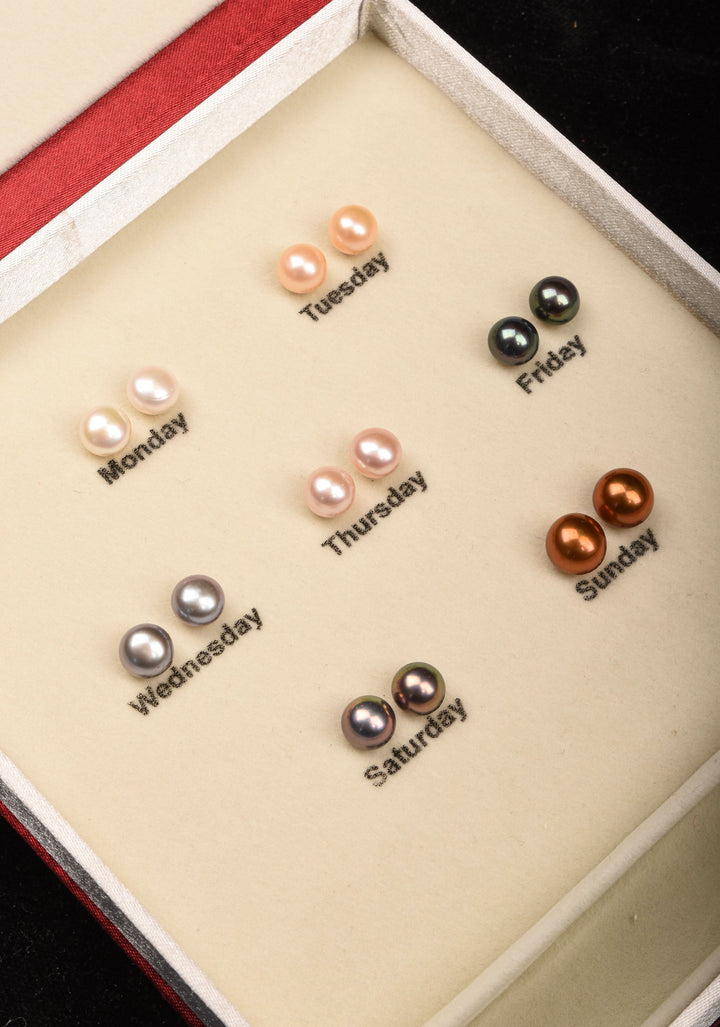 7 Color Pearls - Set of 7 earrings, Week Long Chromatic Journey with Pure Pearls