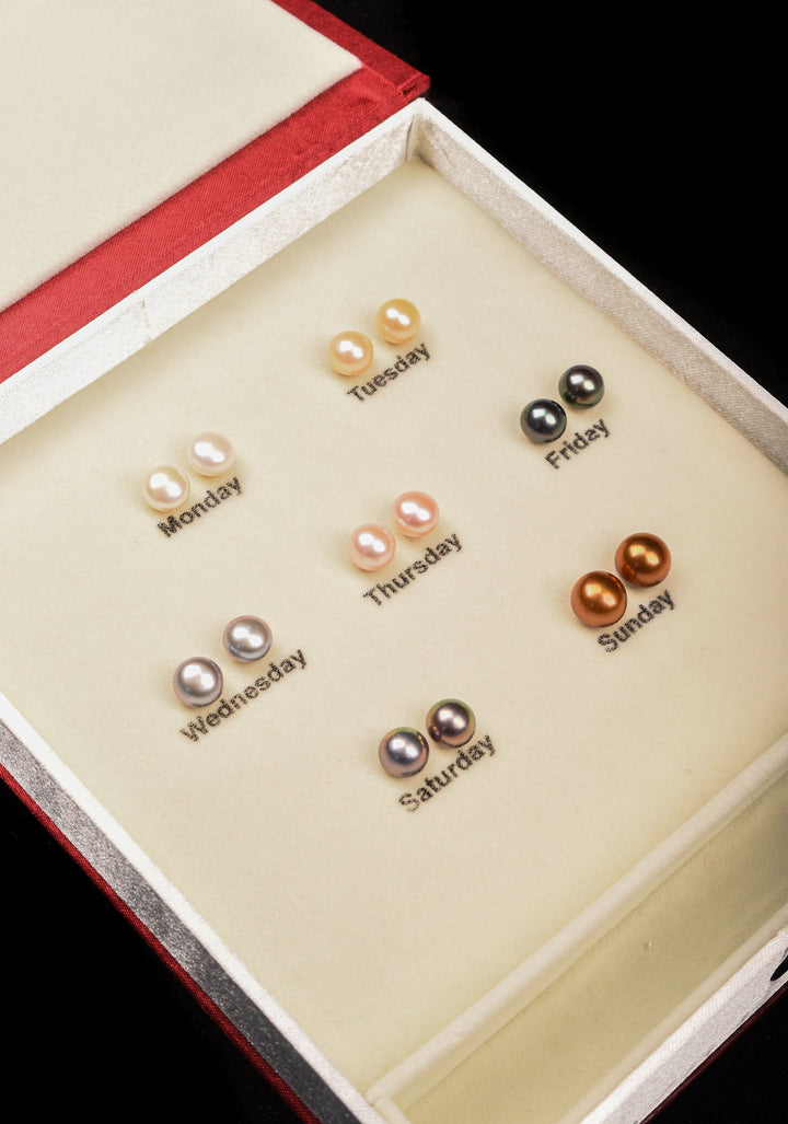7 Color Pearls - Set of 7 earrings, Week Long Chromatic Journey with Pure Pearls