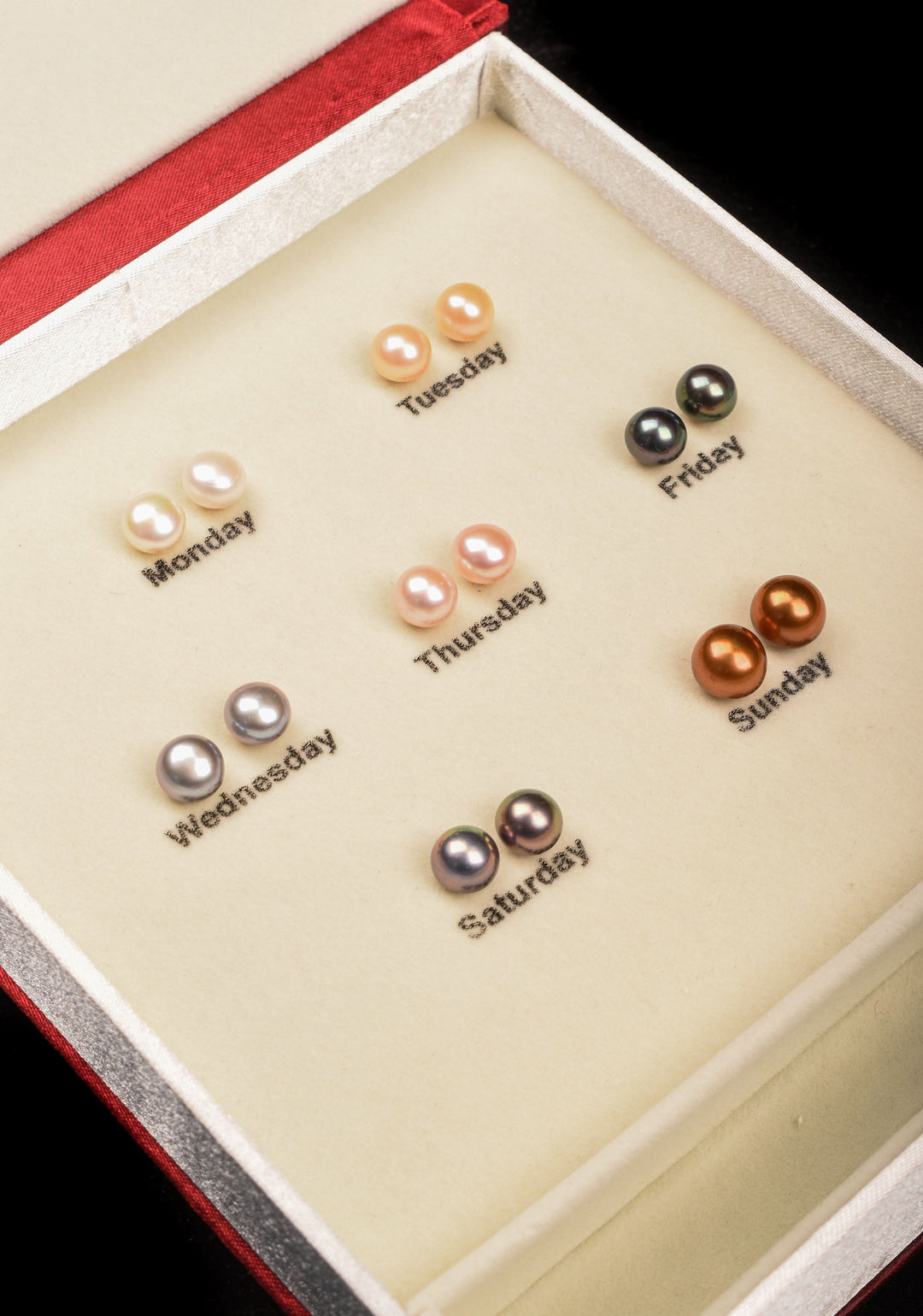 7 Color Pearls - Set of 7 earrings, Week Long Chromatic Journey with Pure Pearls