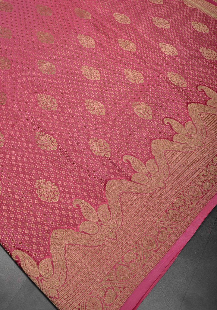 Pink Pure Mysore Crepe Silk Jaal Brocade Saree with Zari Border | SILK MARK CERTIFIED