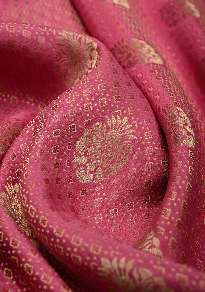 Pink Pure Mysore Crepe Silk Jaal Brocade Saree with Zari Border | SILK MARK CERTIFIED