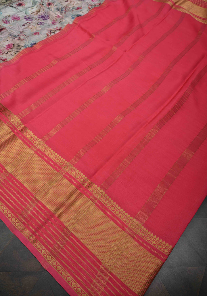 Pastel Mint Pure Mysore Crepe Silk Saree with Floral Digital Print and Half Muted Zari Brocade Border | SILK MARK CERTIFIED