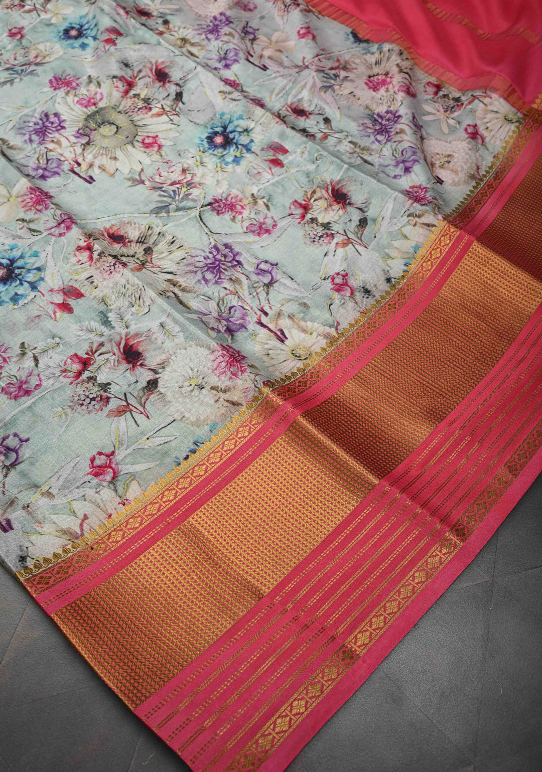 Pastel Mint Pure Mysore Crepe Silk Saree with Floral Digital Print and Half Muted Zari Brocade Border | SILK MARK CERTIFIED