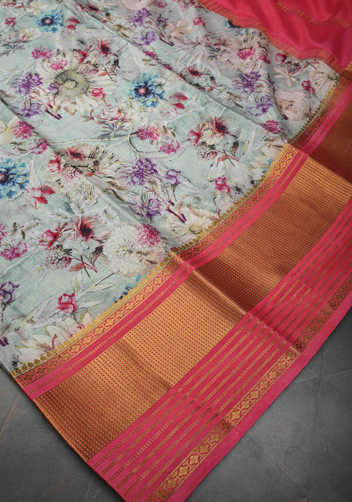 Pastel Mint Pure Mysore Crepe Silk Saree with Floral Digital Print and Half Muted Zari Brocade Border | SILK MARK CERTIFIED