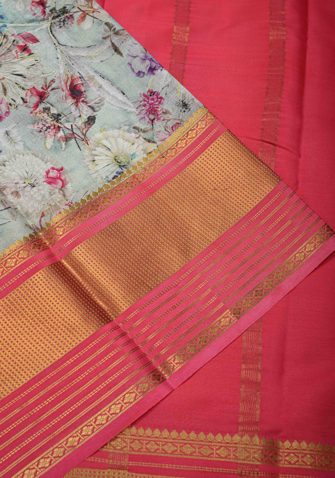 Pastel Mint Pure Mysore Crepe Silk Saree with Floral Digital Print and Half Muted Zari Brocade Border | SILK MARK CERTIFIED