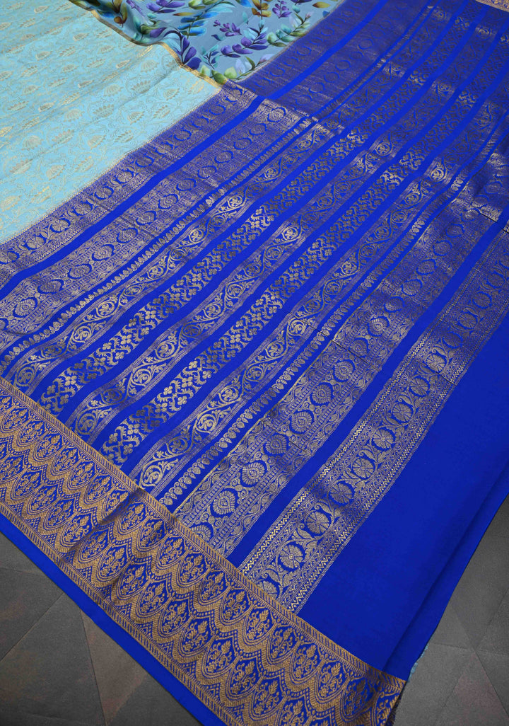 Sky Blue Pure Mysore Crepe Silk Sarees with Floral Digital Print and with Contrast Skirt Border | Silk Mark Certified