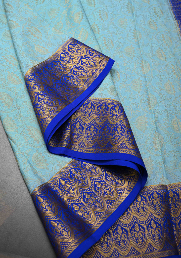 Sky Blue Pure Mysore Crepe Silk Sarees with Floral Digital Print and with Contrast Skirt Border | Silk Mark Certified