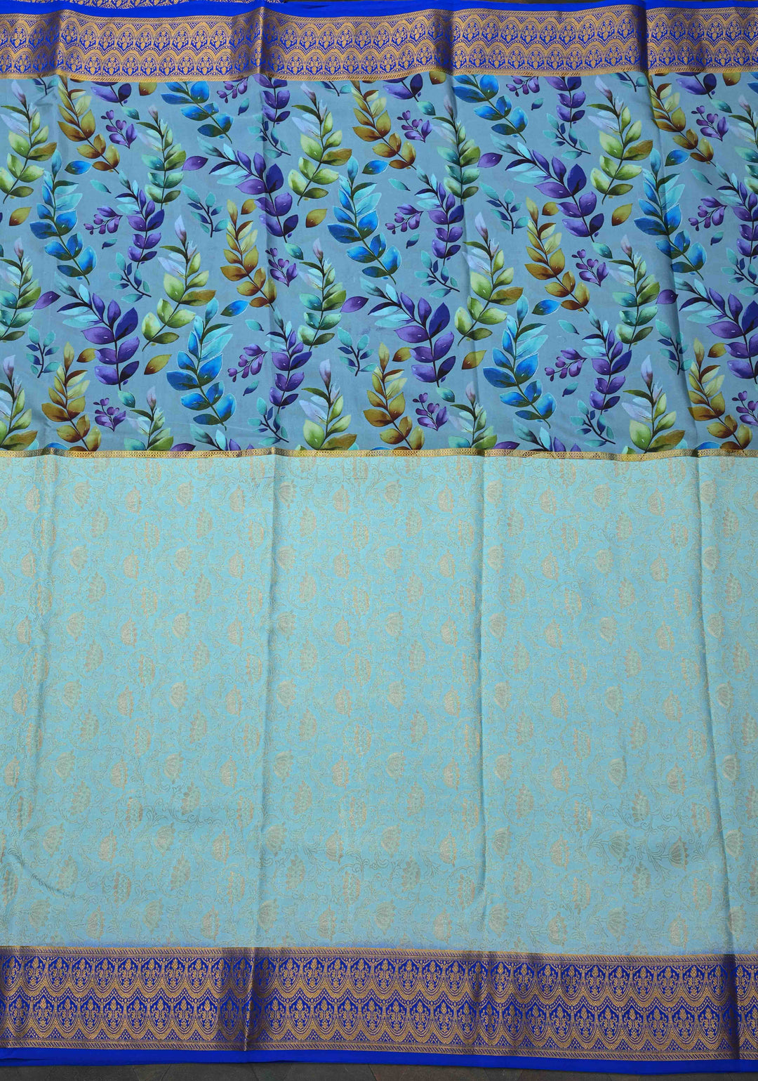 Sky Blue Pure Mysore Crepe Silk Sarees with Floral Digital Print and with Contrast Skirt Border | Silk Mark Certified