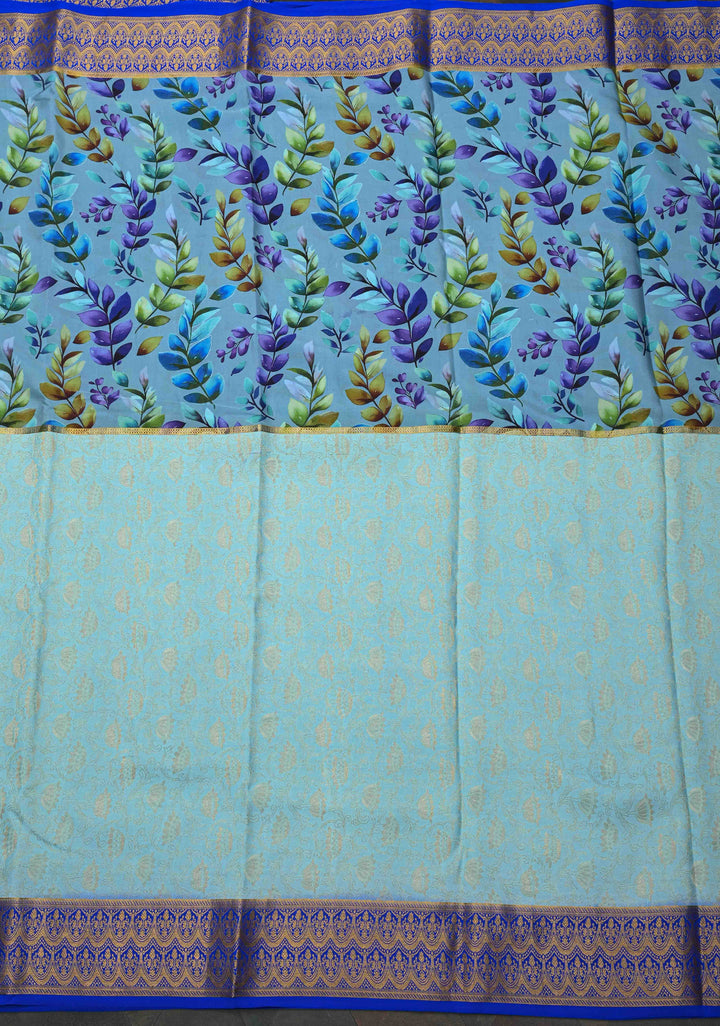 Sky Blue Pure Mysore Crepe Silk Sarees with Floral Digital Print and with Contrast Skirt Border | Silk Mark Certified