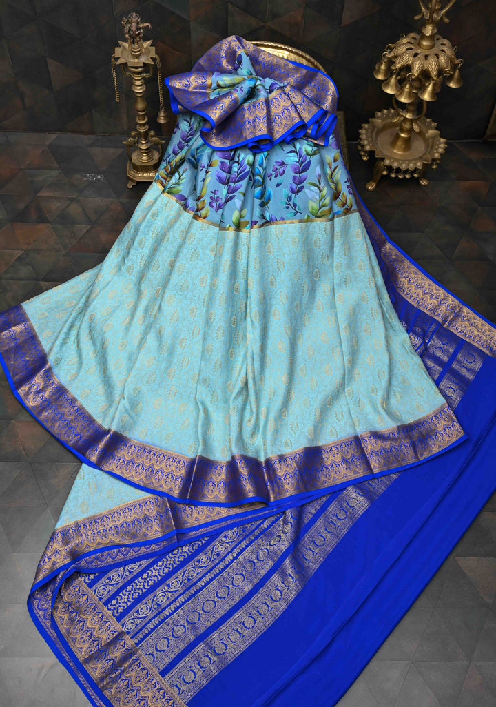 Sky Blue Pure Mysore Crepe Silk Sarees with Floral Digital Print and with Contrast Skirt Border | Silk Mark Certified