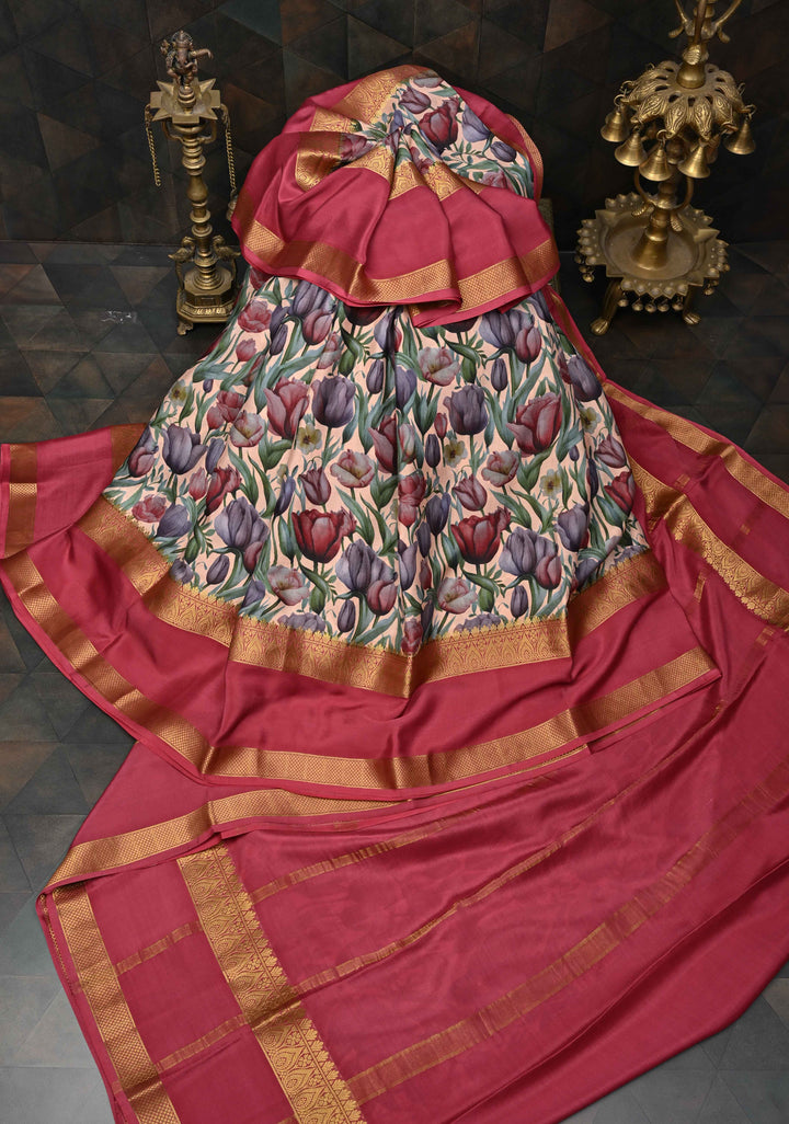 Beige Pure Mysore Crepe Silk Sarees with Tulips Floral Digital Print and Fancy Borders | SILK MARK CERTIFIED