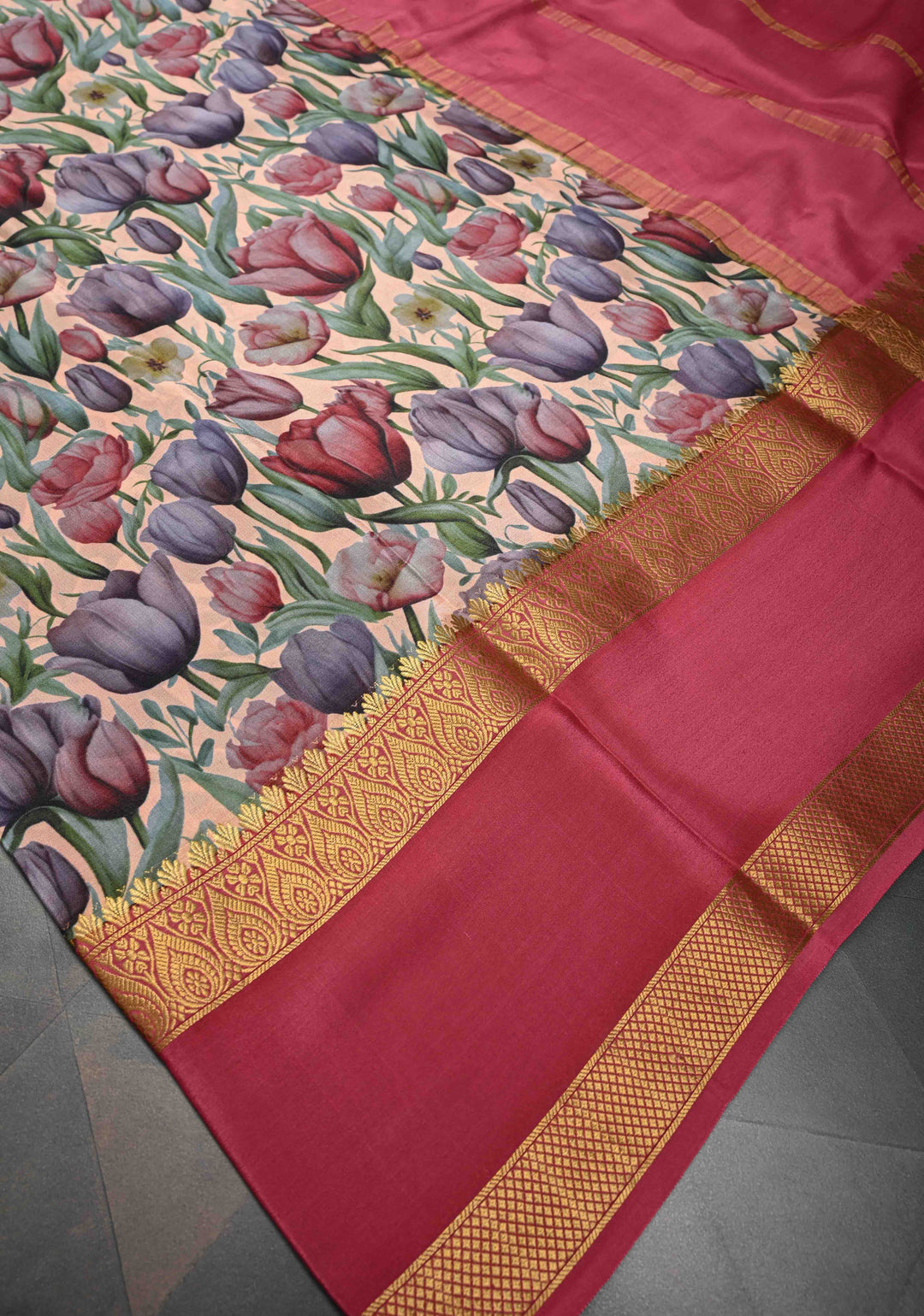 Beige Pure Mysore Crepe Silk Sarees with Tulips Floral Digital Print and Fancy Borders | SILK MARK CERTIFIED
