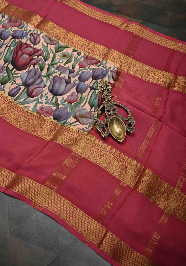 Beige Pure Mysore Crepe Silk Sarees with Tulips Floral Digital Print and Fancy Borders | SILK MARK CERTIFIED