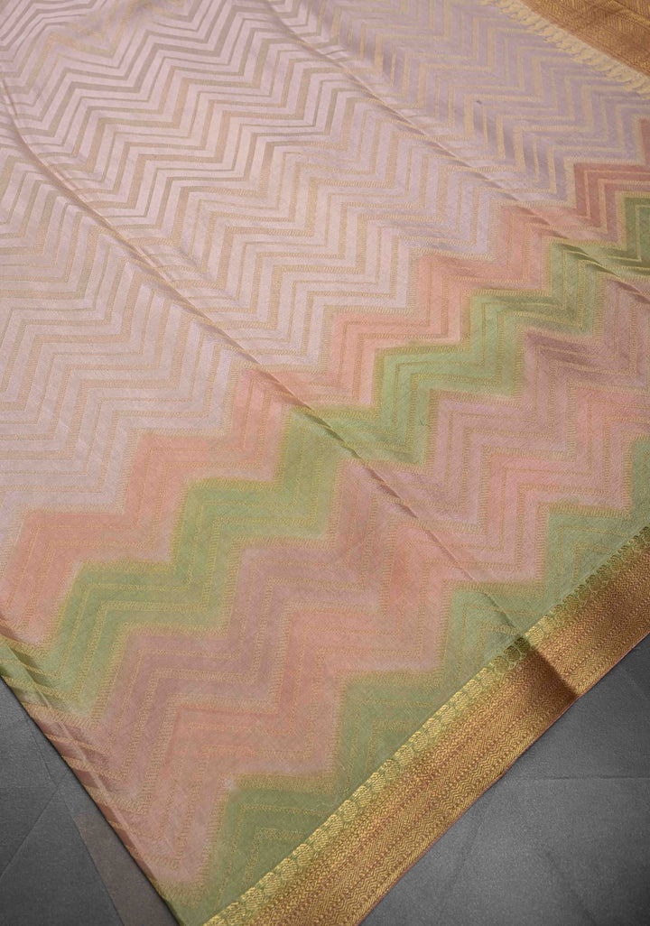 Pure Mysore Crepe Silk Saree with Rangkaat Style Chevron Brush Dye in Pastel Shaded | SILK MARK CERTIFIED