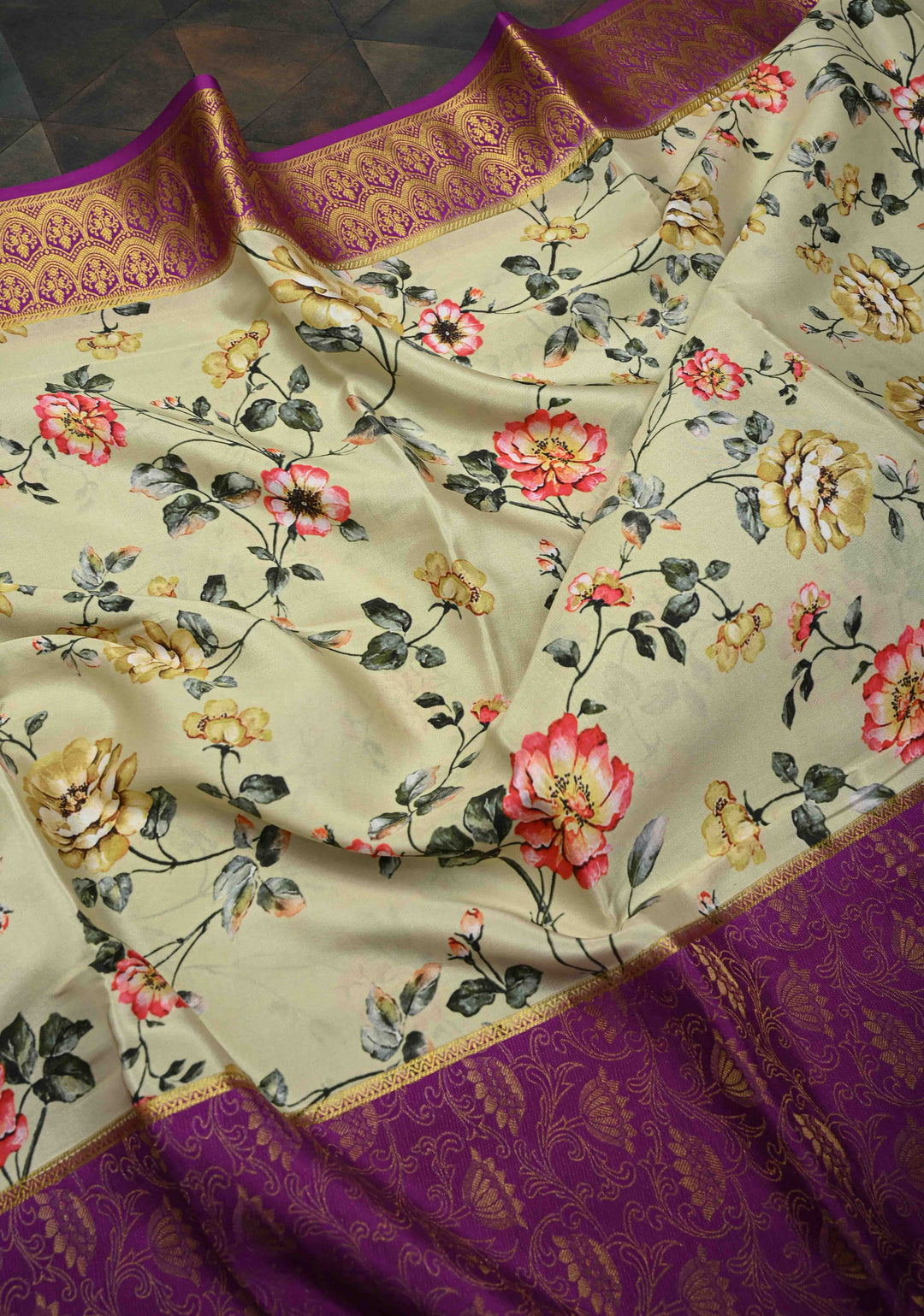 Cream Pure Mysore Crepe Silk Saree with Floral Digital Print and Half Muted Zari Brocade Border | Silk Mark Certified