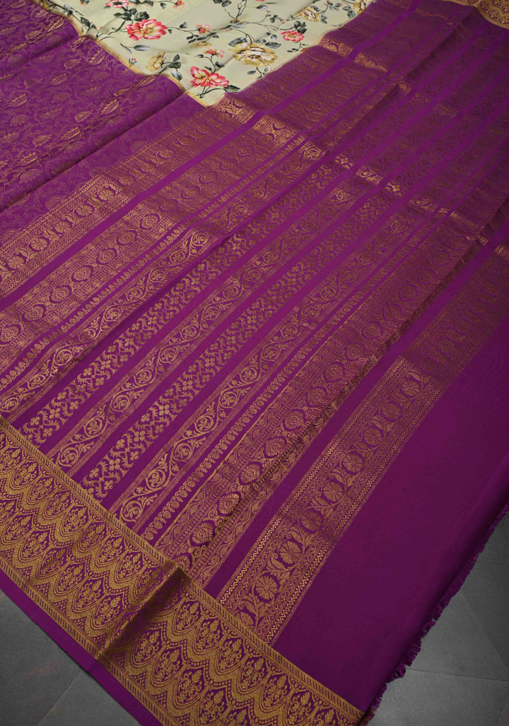 Cream Pure Mysore Crepe Silk Saree with Floral Digital Print and Half Muted Zari Brocade Border | Silk Mark Certified