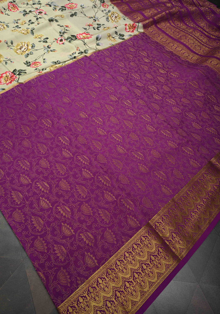 Cream Pure Mysore Crepe Silk Saree with Floral Digital Print and Half Muted Zari Brocade Border | Silk Mark Certified