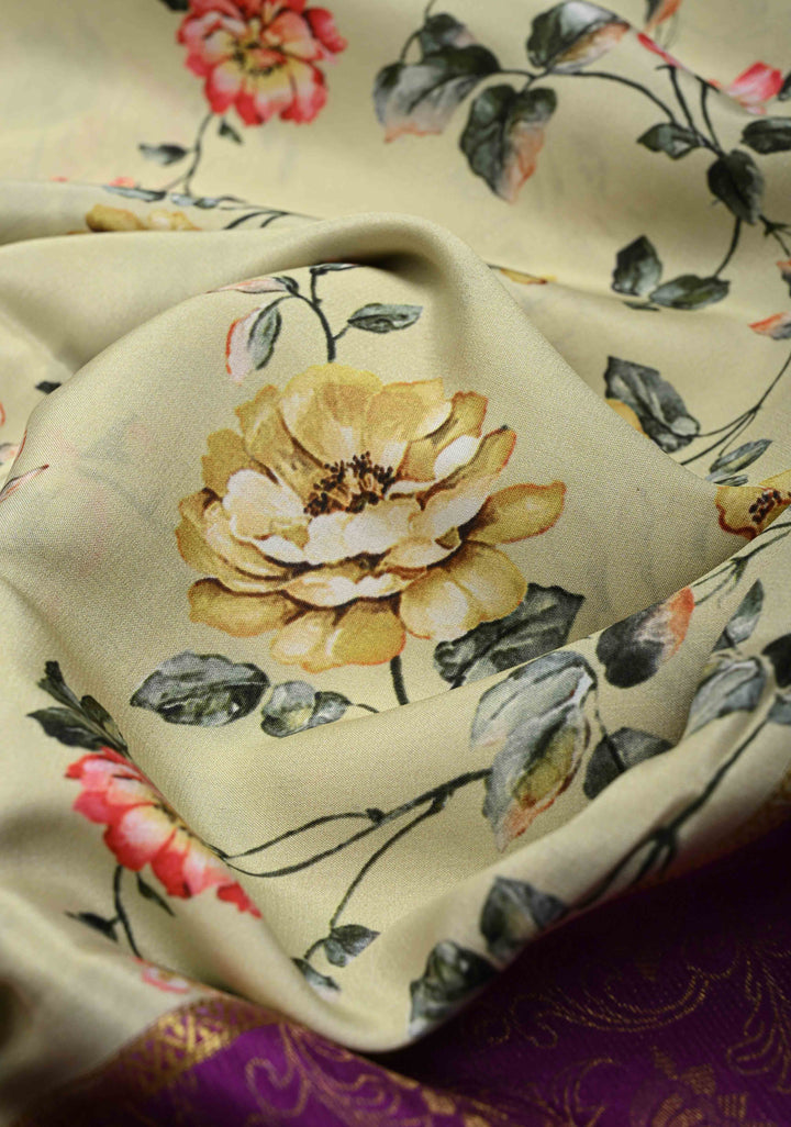 Cream Pure Mysore Crepe Silk Saree with Floral Digital Print and Half Muted Zari Brocade Border | Silk Mark Certified
