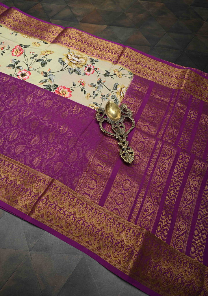 Cream Pure Mysore Crepe Silk Saree with Floral Digital Print and Half Muted Zari Brocade Border | Silk Mark Certified