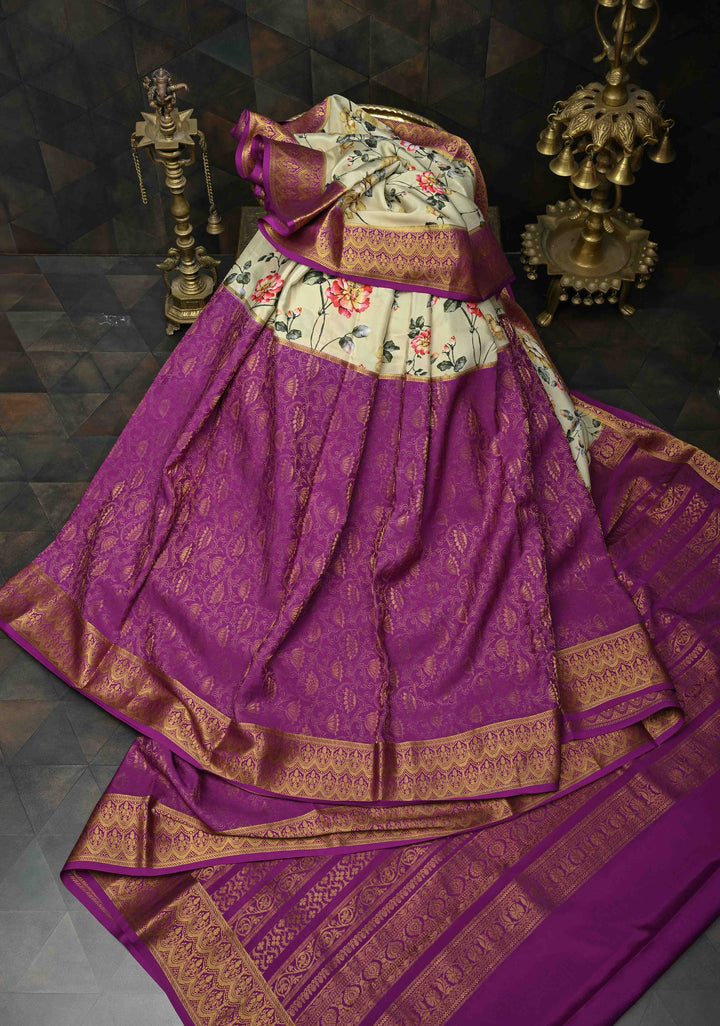 Cream Pure Mysore Crepe Silk Saree with Floral Digital Print and Half Muted Zari Brocade Border | Silk Mark Certified
