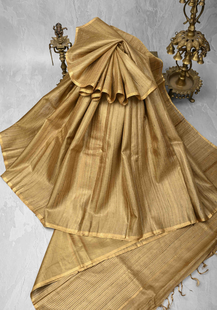 Golden Pure  Gicha Tissue Silk Saree with Minimal Zari Border | SILK MARK CERTIFIED