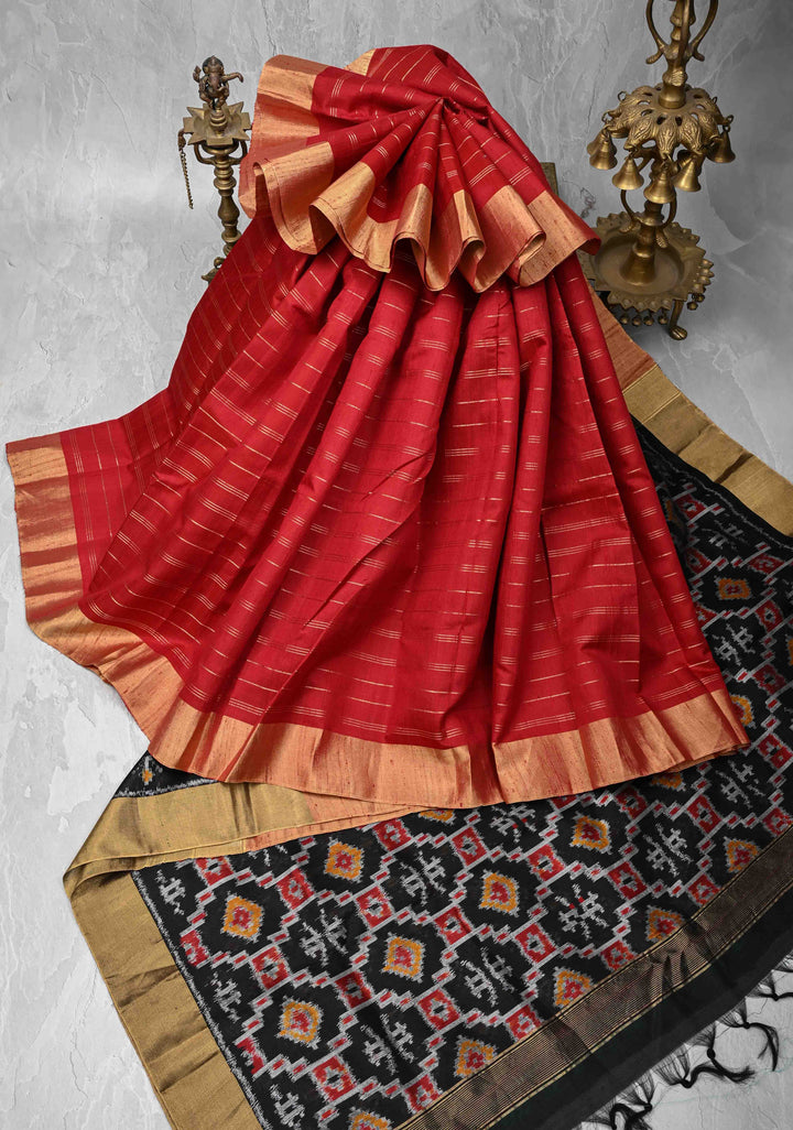 Red Horizontal Zari Stripes on Pure Raw Silk Saree with Tissue Zari Border and Ikkat Pallu | SILK MARK CERTIFIED