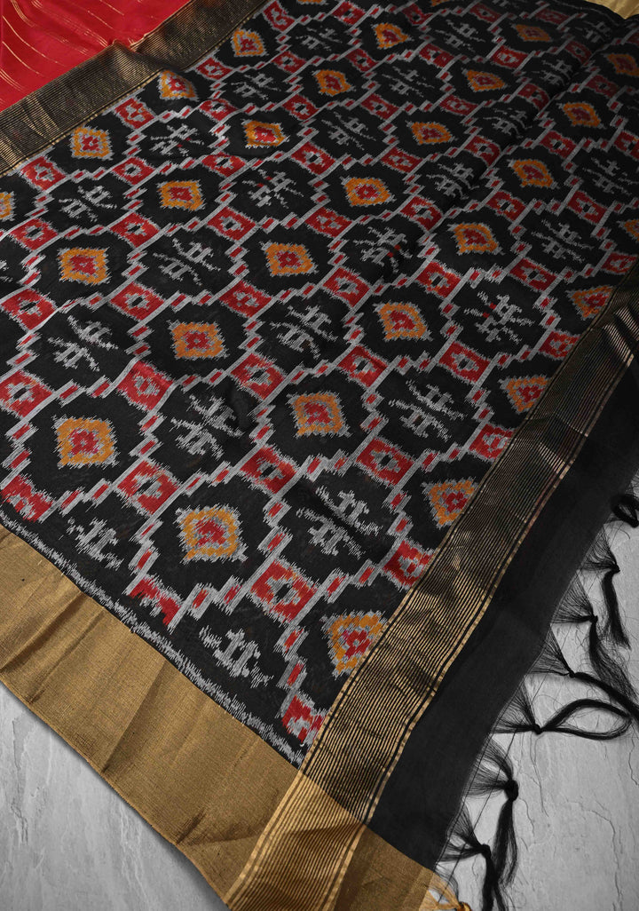 Red Horizontal Zari Stripes on Pure Raw Silk Saree with Tissue Zari Border and Ikkat Pallu | SILK MARK CERTIFIED
