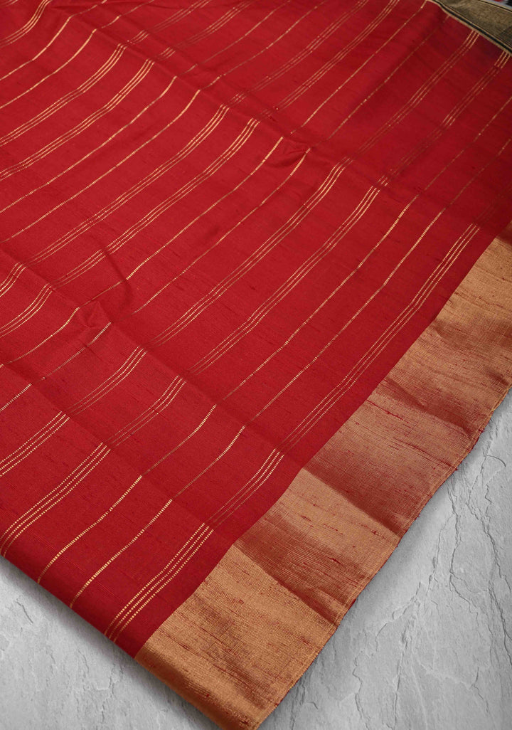 Red Horizontal Zari Stripes on Pure Raw Silk Saree with Tissue Zari Border and Ikkat Pallu | SILK MARK CERTIFIED