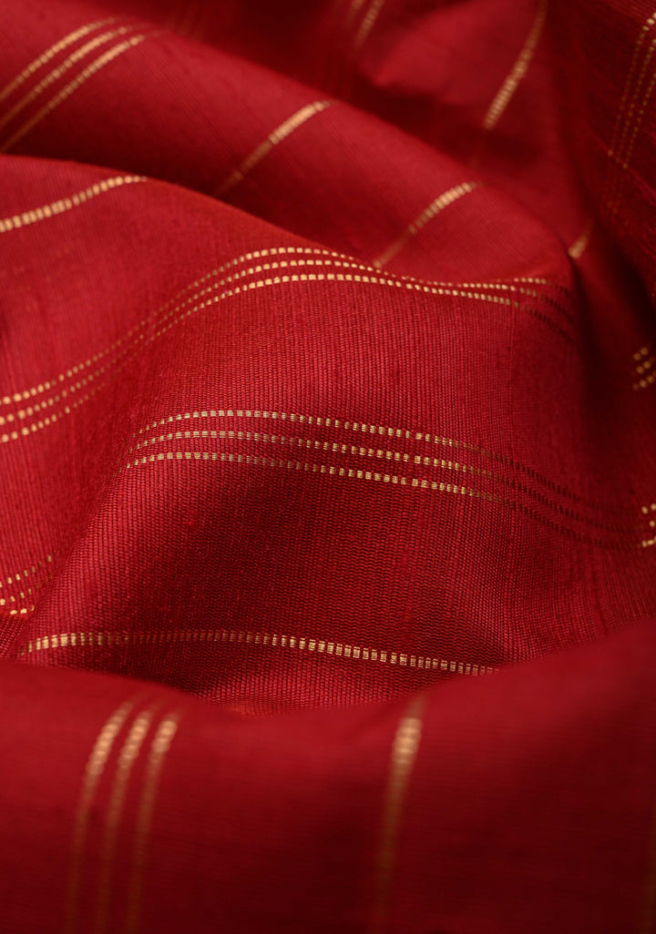 Red Horizontal Zari Stripes on Pure Raw Silk Saree with Tissue Zari Border and Ikkat Pallu | SILK MARK CERTIFIED