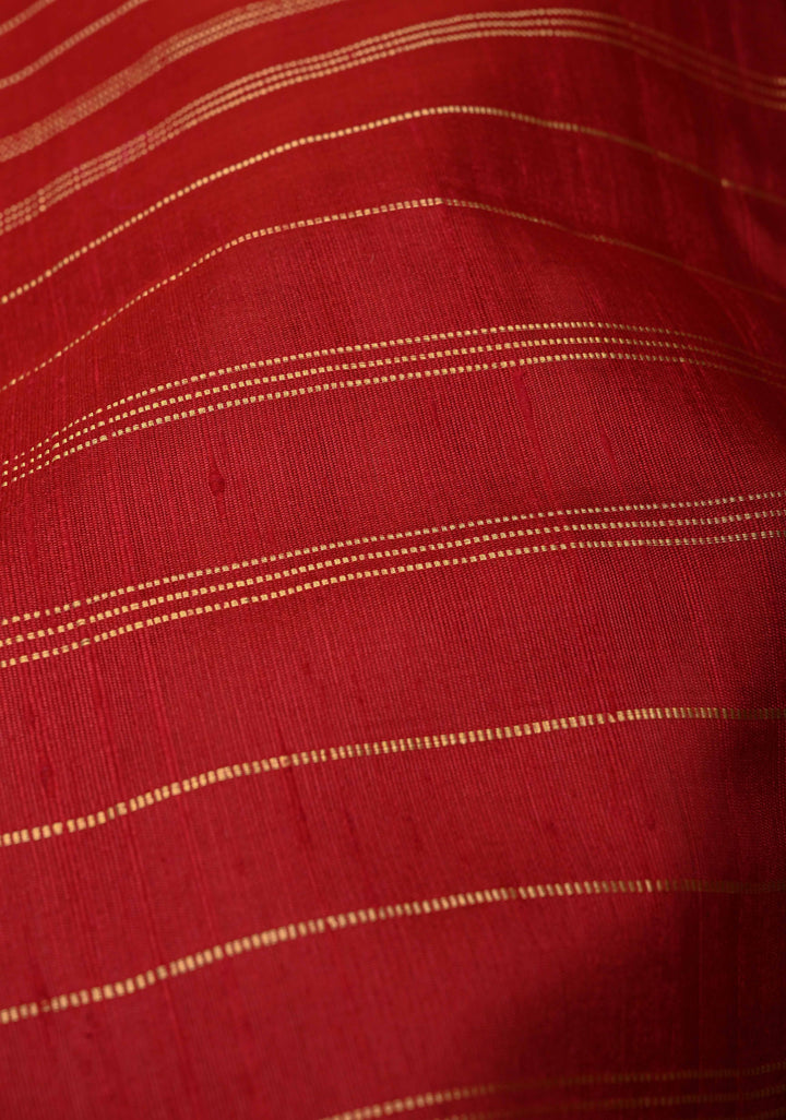 Red Horizontal Zari Stripes on Pure Raw Silk Saree with Tissue Zari Border and Ikkat Pallu | SILK MARK CERTIFIED
