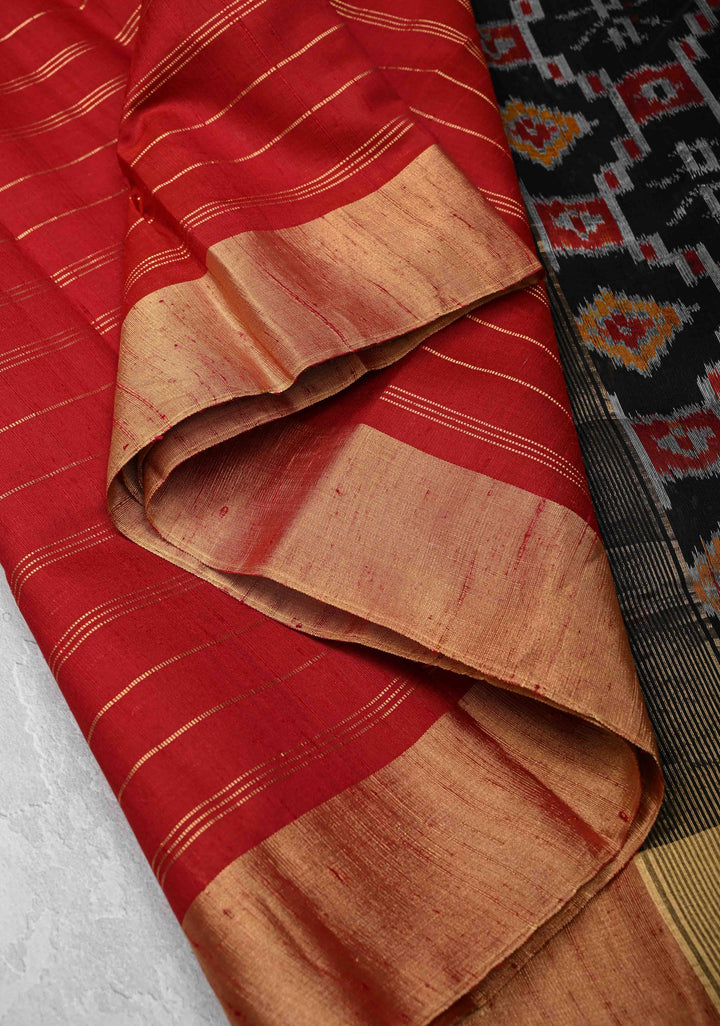 Red Horizontal Zari Stripes on Pure Raw Silk Saree with Tissue Zari Border and Ikkat Pallu | SILK MARK CERTIFIED